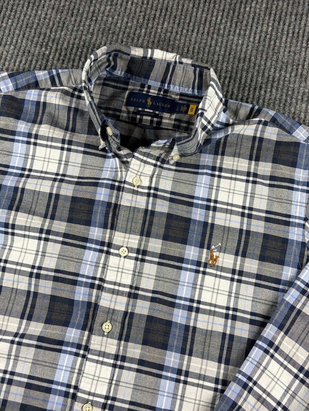 Ralph Lauren Classic Fit Button Down Mens L Navy White Plaid Flesh Pony Preppy